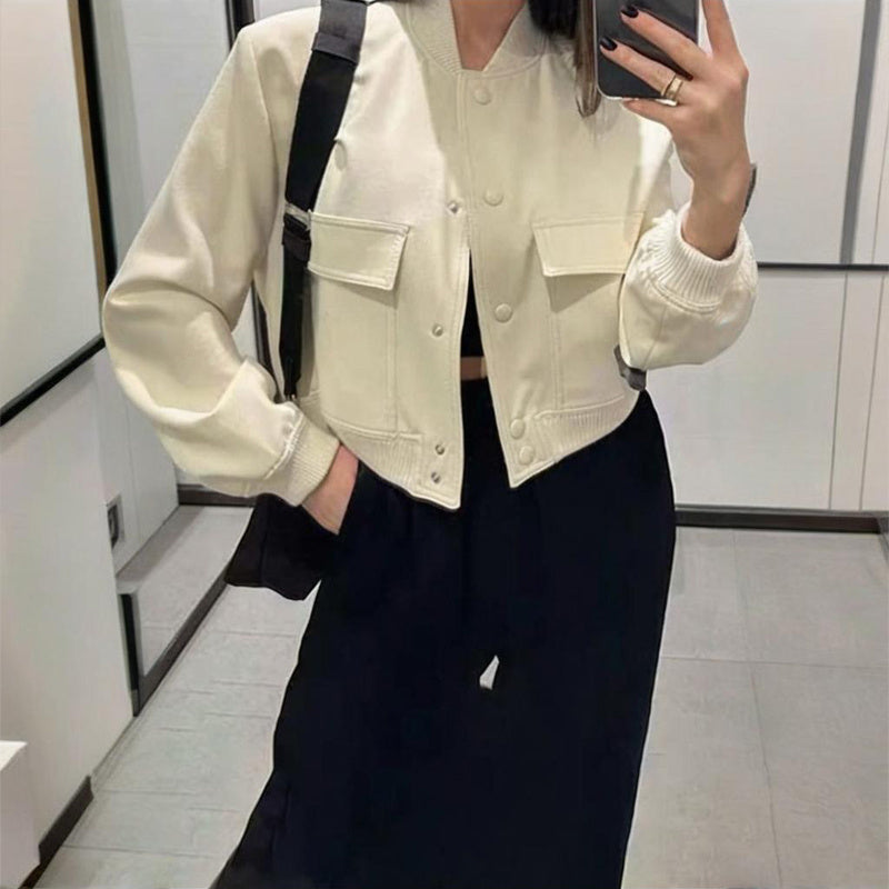 Chaqueta de béisbol de manga larga de color liso para mujer