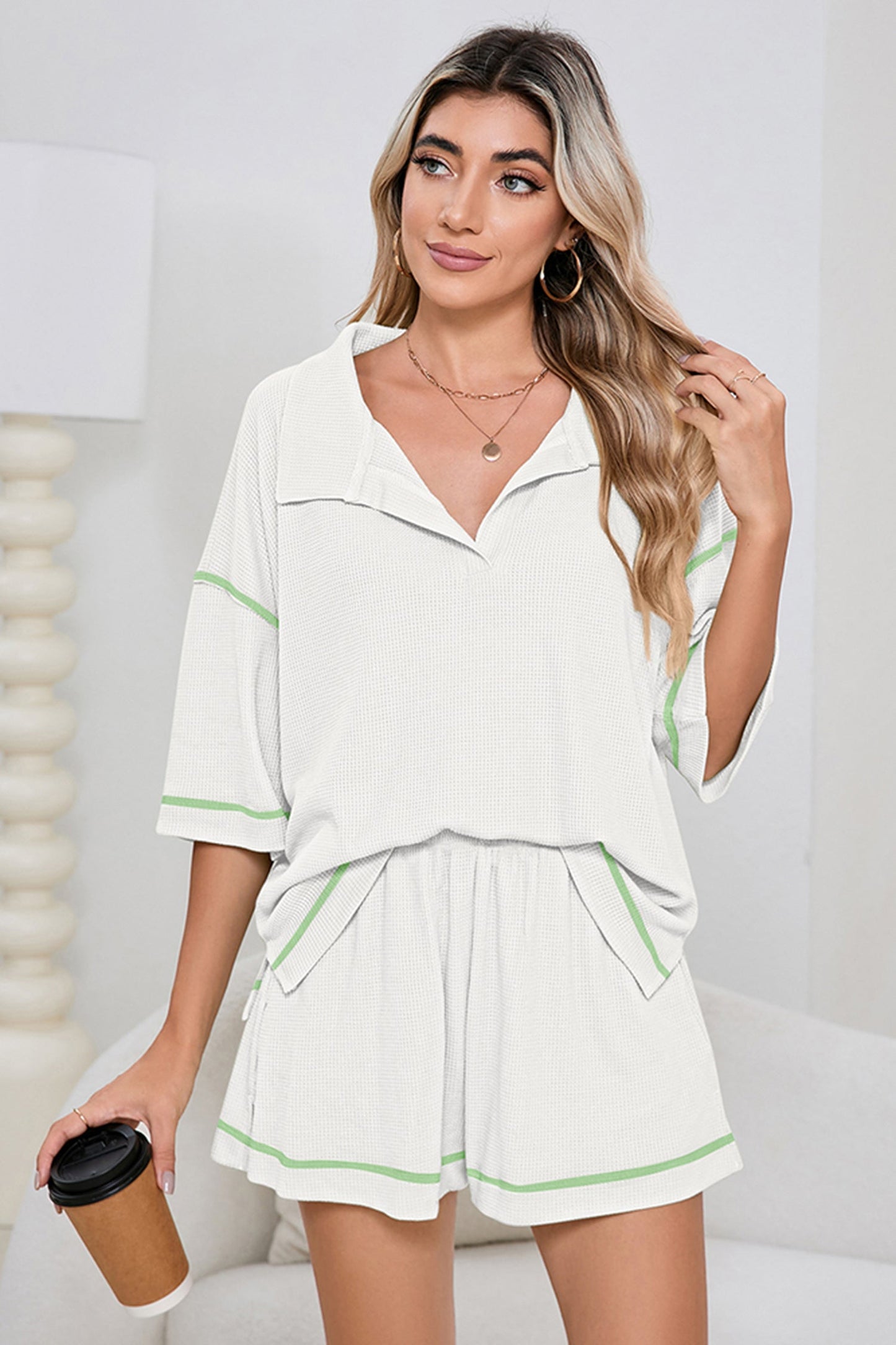 Conjunto casual de 2 piezas de shorts con ribete en bloques de color de gofre transpirable rosa