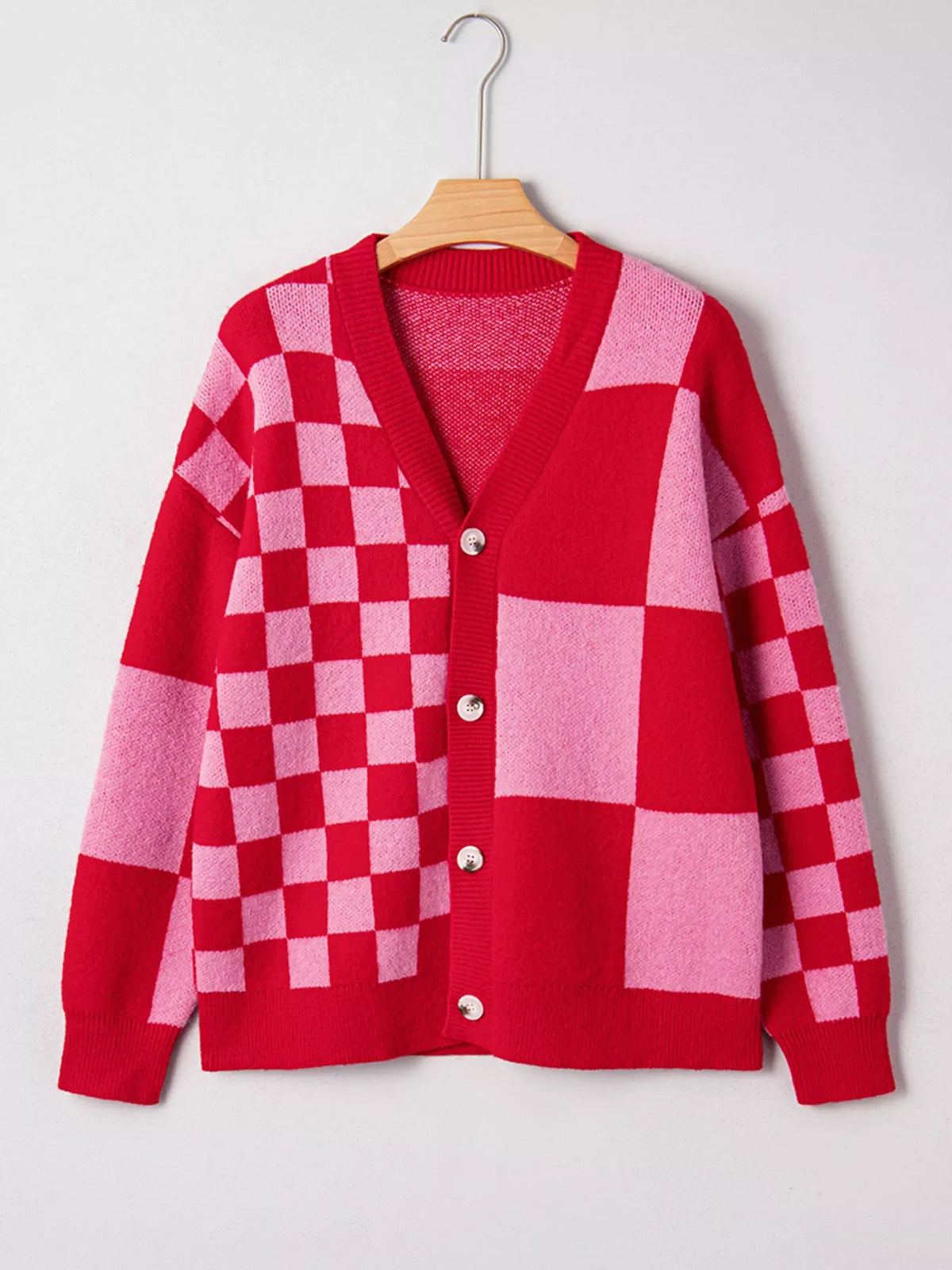 Checkerboard Knit Button-Down Cardigan