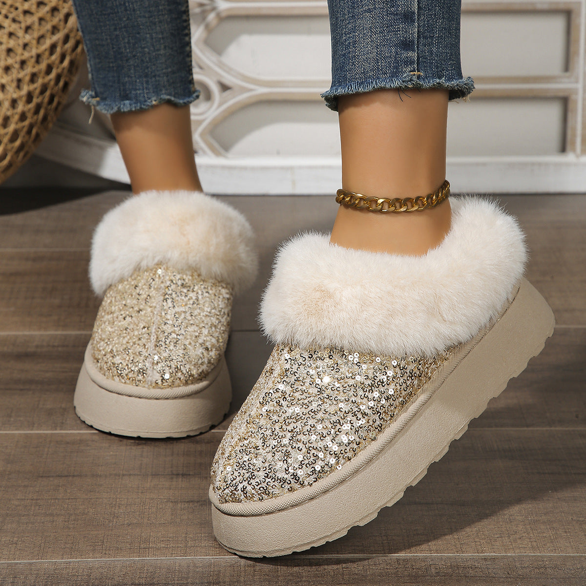 Sequined Plush-Lined Indoor-Outdoor Slippers