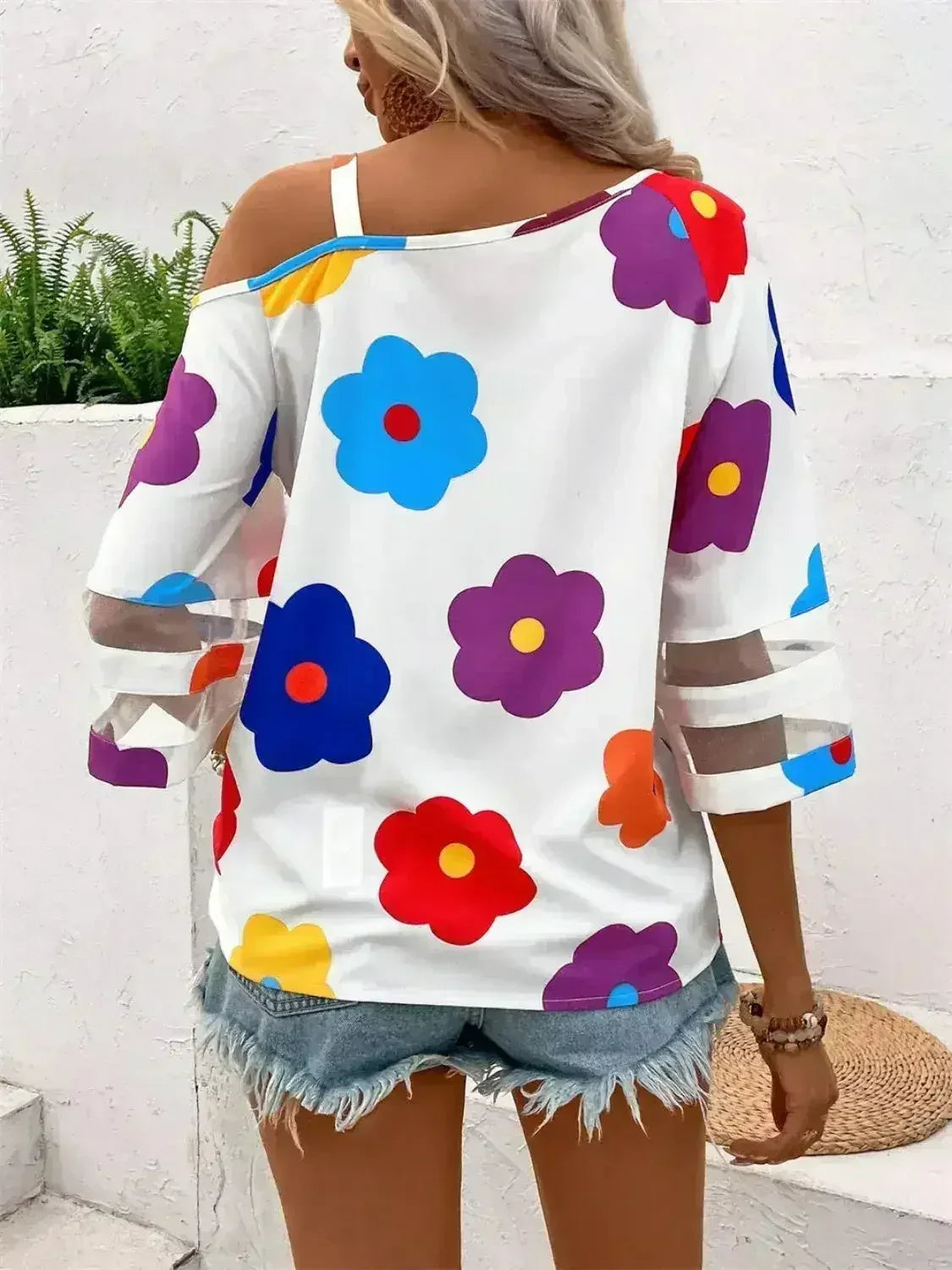 White Color Flower Asymmetrical Neck Blouse | Femstylo