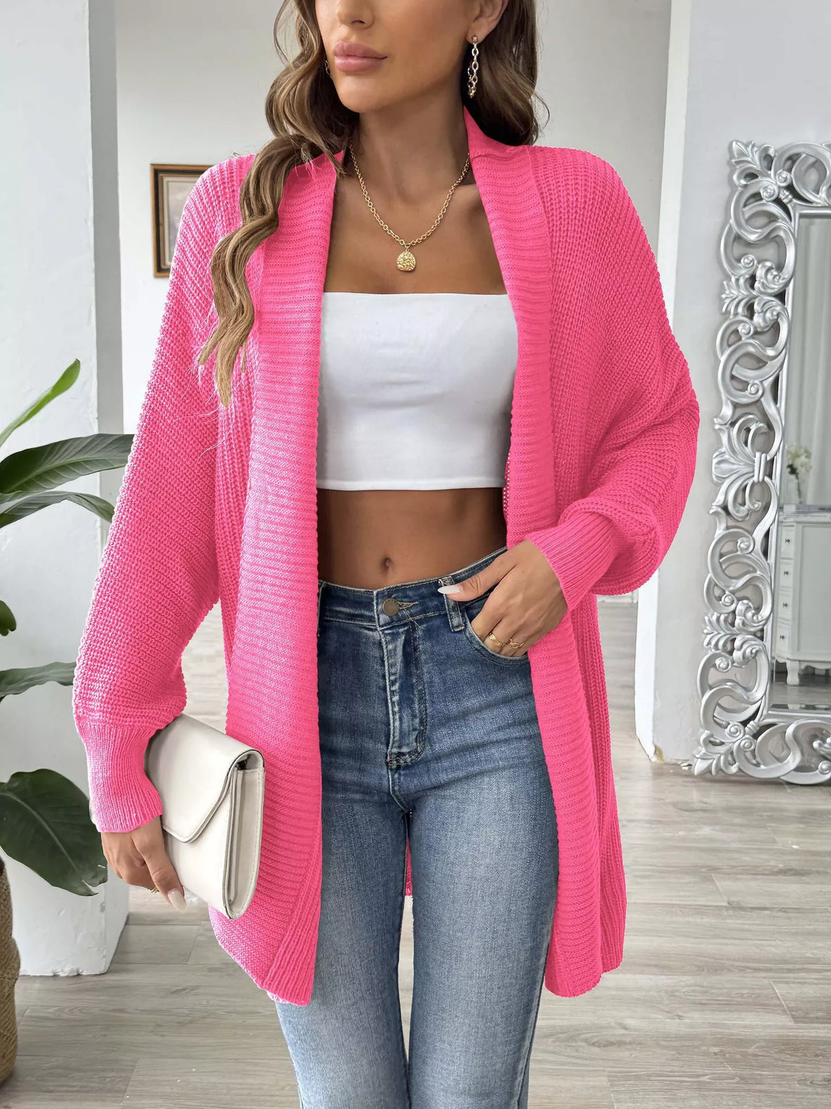Open Front Ribbed Knit Cardigan