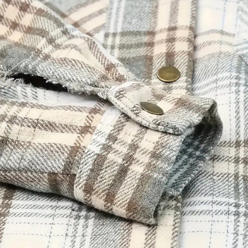 Women's Plaid Button-Up Long Sleeve Jacket Fall Winter  Flap Button Pocket Design Casual Hooded Fleece-Lined Warm Coat See size chart under “more details”