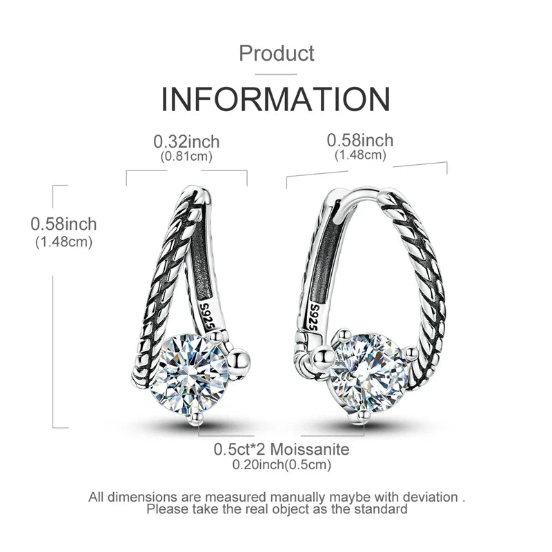 1.0ct Moissanite Hoop Earrings S925 Sterling Silver Snake Bone For Women
