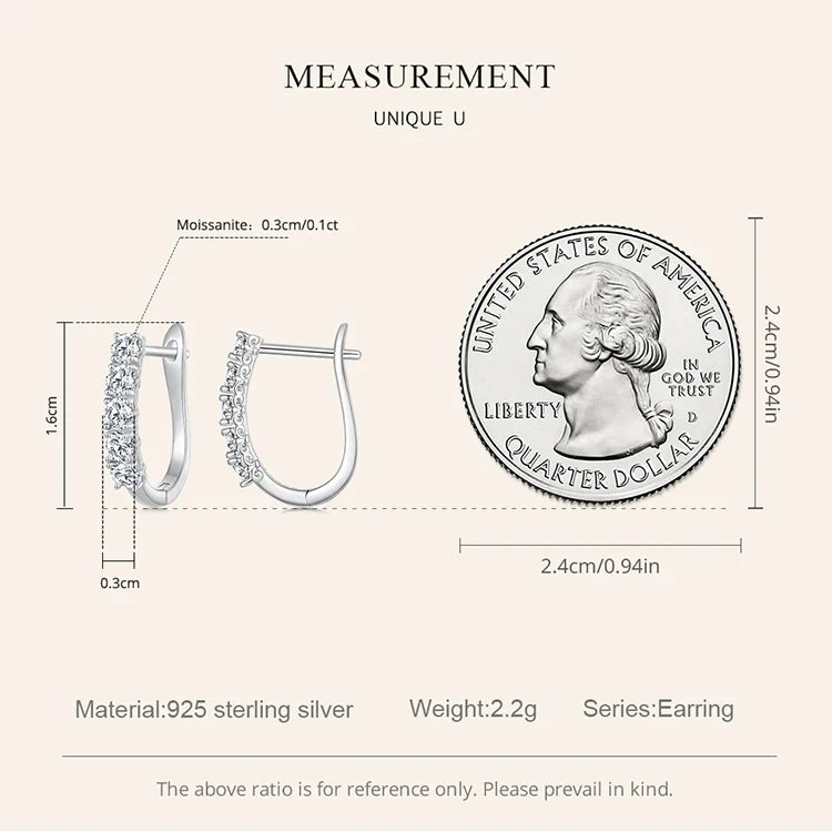 1.0CT Moissanite U-Shaped 925 Sterling Silver Hoop Earrings For Women Gift