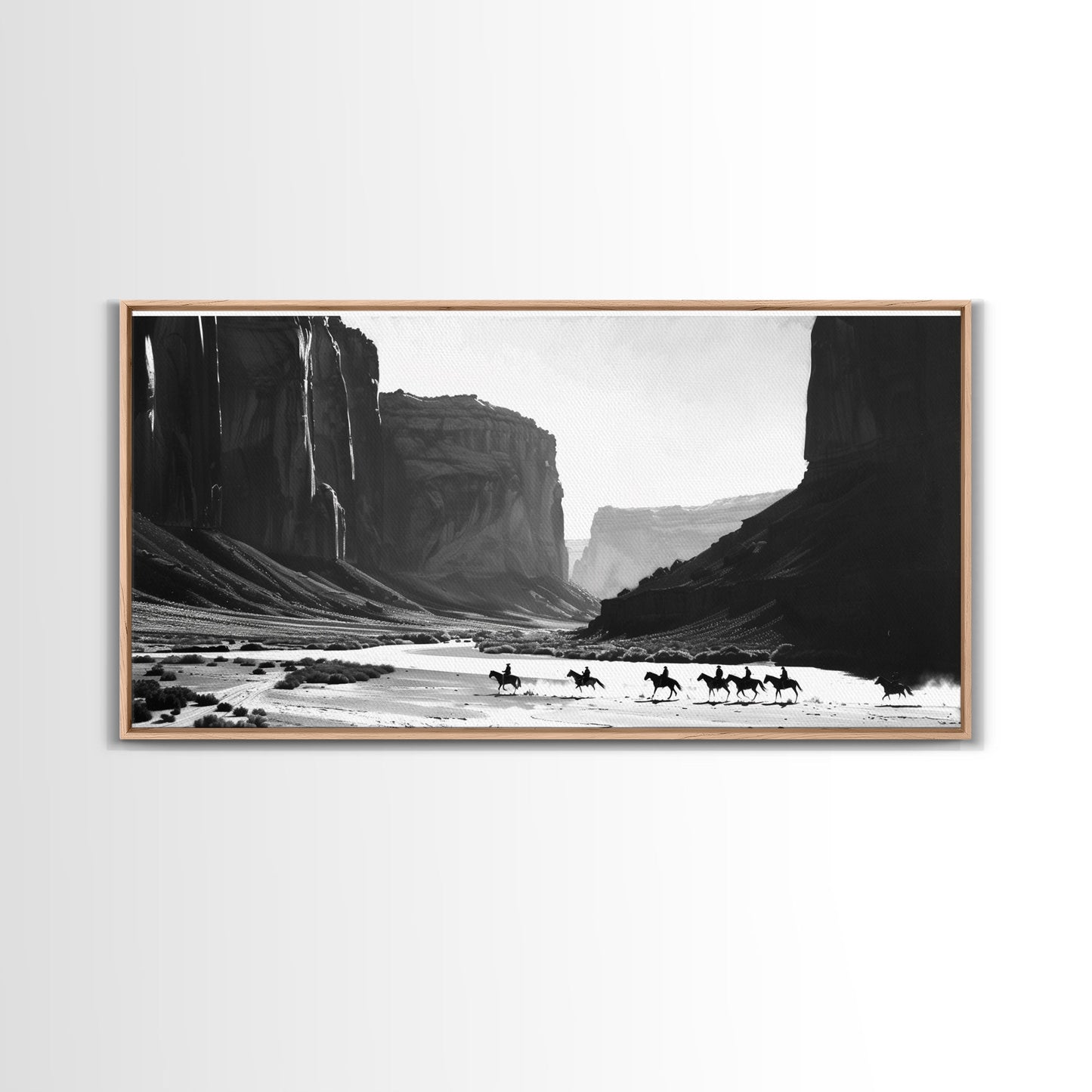 Framed Canvas Print of Cowboys Riding through Canyon, Western Wall Art for Living Room or Bedroom, Unique Home Decor