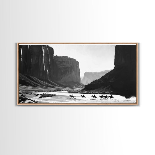 Framed Canvas Print of Cowboys Riding through Canyon, Western Wall Art for Living Room or Bedroom, Unique Home Decor