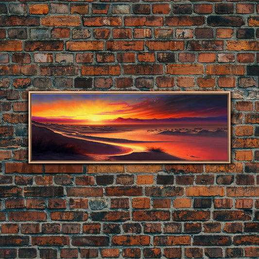Panoramic Framed Canvas Print - Watercolor Desert Landscape Painting - Vibrant Sunset - Wall Art for Living Room, Bedroom
