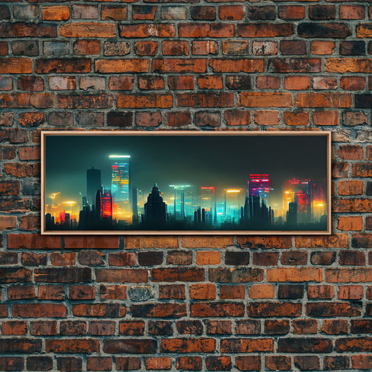 Futuristic Cyberpunk Metropolis, Watercolor, Extra Large Wall Art, Framed Panoramic Canvas Print, Framed Wall Decor