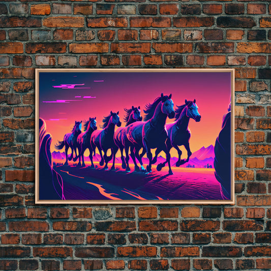 Herd of Wild Horses, American Western decor, framed canvas print, synthwave animal art