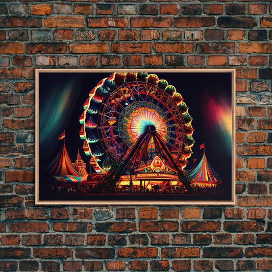 Neon ferris wheel watercolor art, framed canvas print, colorful vibrant wall decor, framed wall art