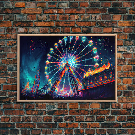Vaporwave ferris wheel watercolor art, framed canvas print, colorful vibrant wall decor, framed wall art, boardwalk art