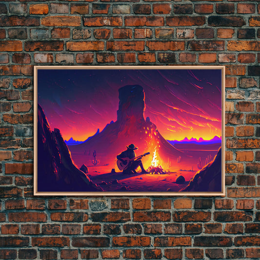 Campfire Songs, Retrowave style art, framed canvas print, synthwave art