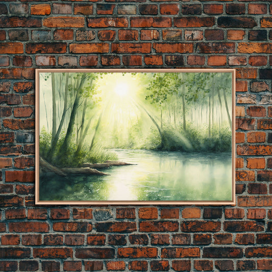 Sunset peaking through the trees of a scenic river, framed canvas print, minimalist watercolor painting print, cottagecore decor