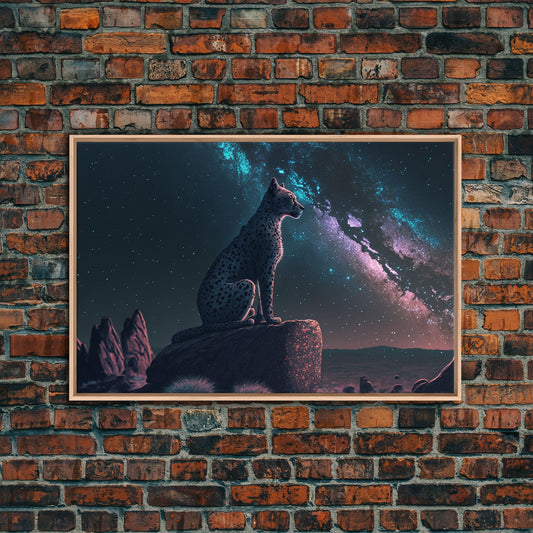 Cheetah overlooking the valley, synthwave retro style animal prints, framed canvas print, framed wall art, starry Africa night sky
