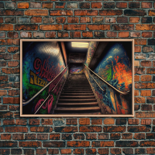 Graffiti Covered Staircase | Subway Stairs | Framed Canvas Print | Punk Art | Dystopian Cyberpunk Art