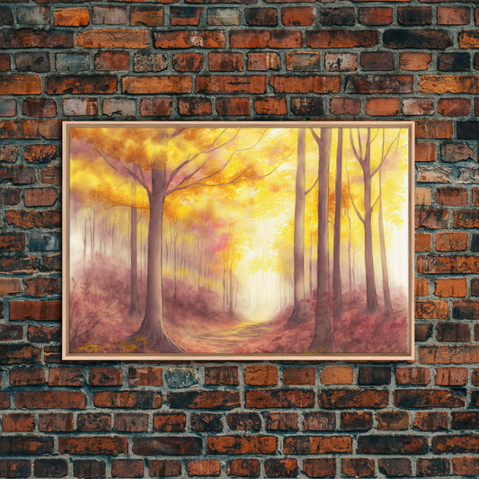 Watercolor of a fall forest, framed canvas print, framed wall art, living room wall decor
