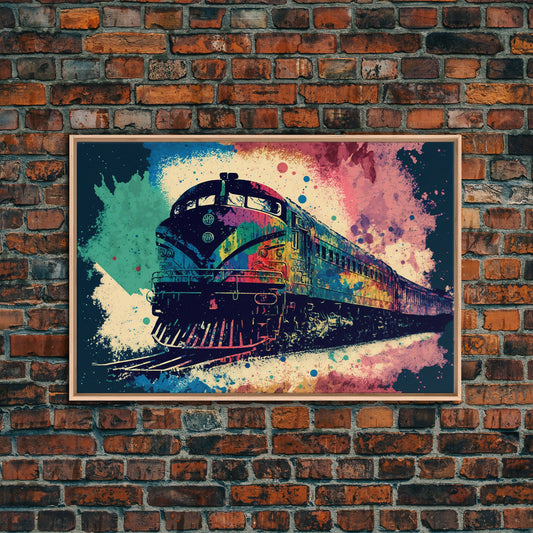 Train Art, Watercolor, Graffiti Pop Art, Framed Canvas Print, Modern Passenger Train Wall Decor, Train Conductor Art