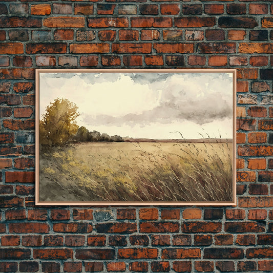 Muted Landscape Oil Painting | Canvas Print | Framed Wall Art | Vintage Muted Print | Subdued Art | Primitive Farmhouse Boho Style Decor