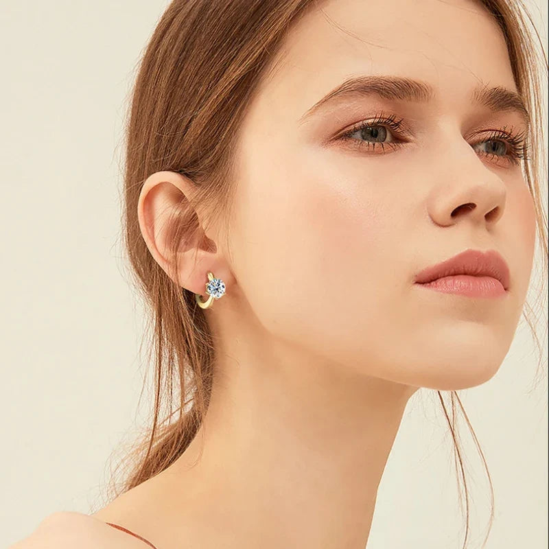 Six-Prong Moissanite Solitaire Hoop Earrings in Silver