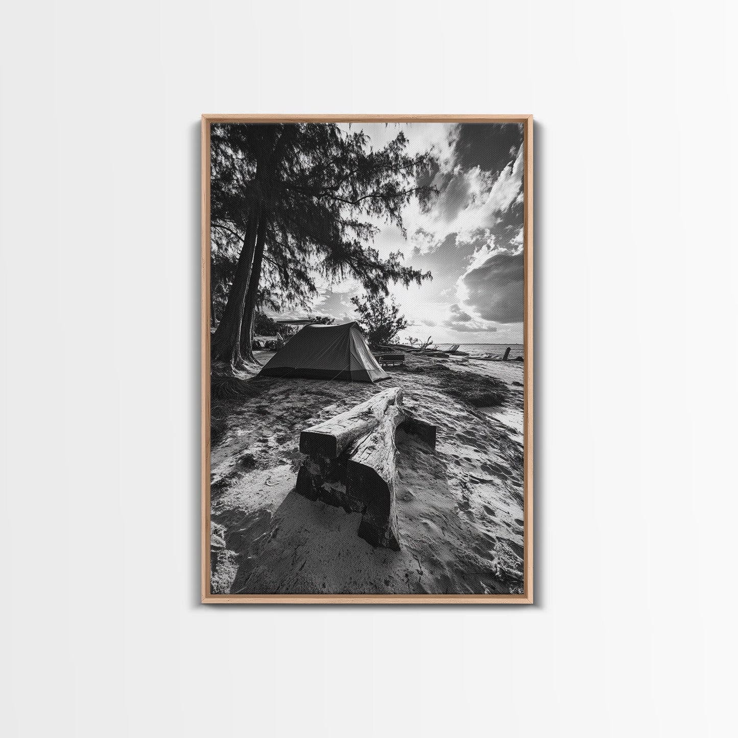 Tent, Beach, Sunset, Trees - Rustic camping coastal escape vibe, Framed Canvas Print, ideal bedroom or adventure nursery decor, outdoor art