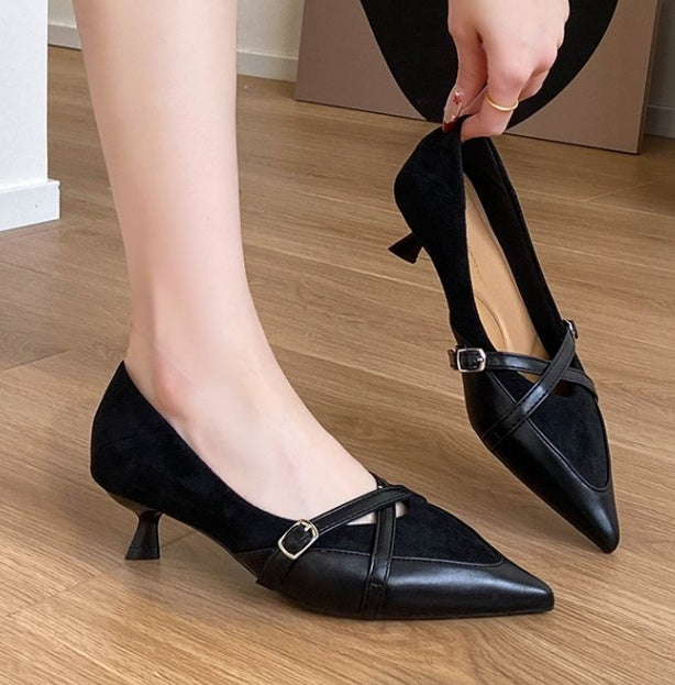 Women French Vintage Pointed Toe Stiletto Heels, Leather Buckle Low Cut Pumps, Gorgeous Cross Strap Fashion Shoes