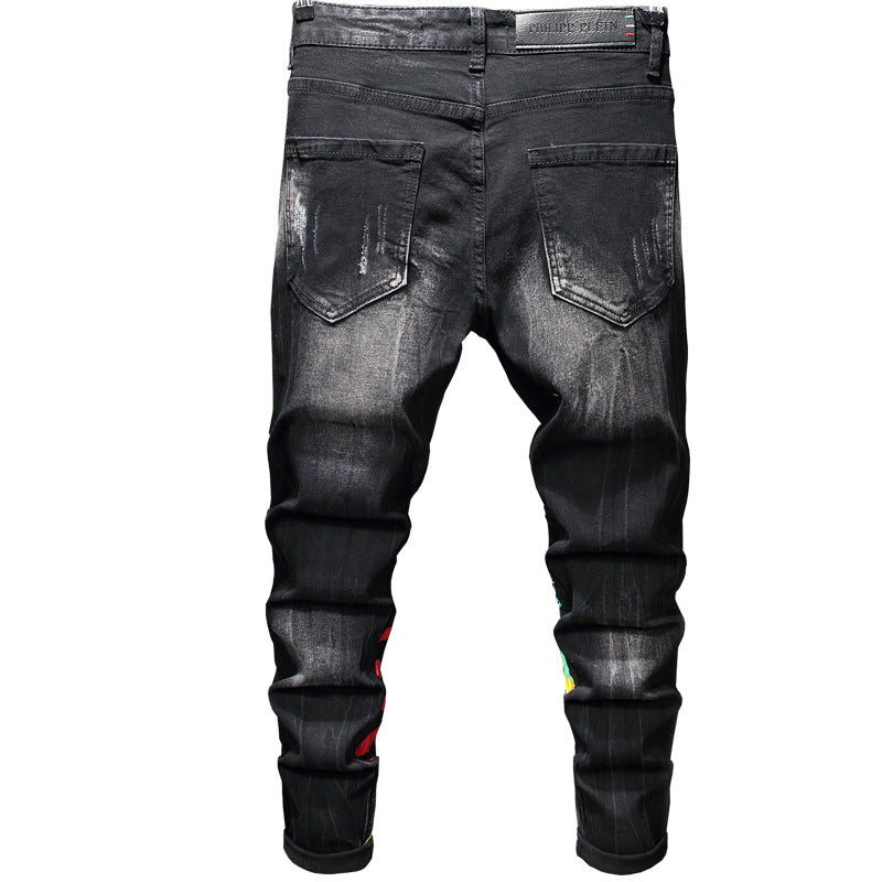 Men’s Urban Slim Fit Black Denim with Vibrant Multi-Color Graphic Art
