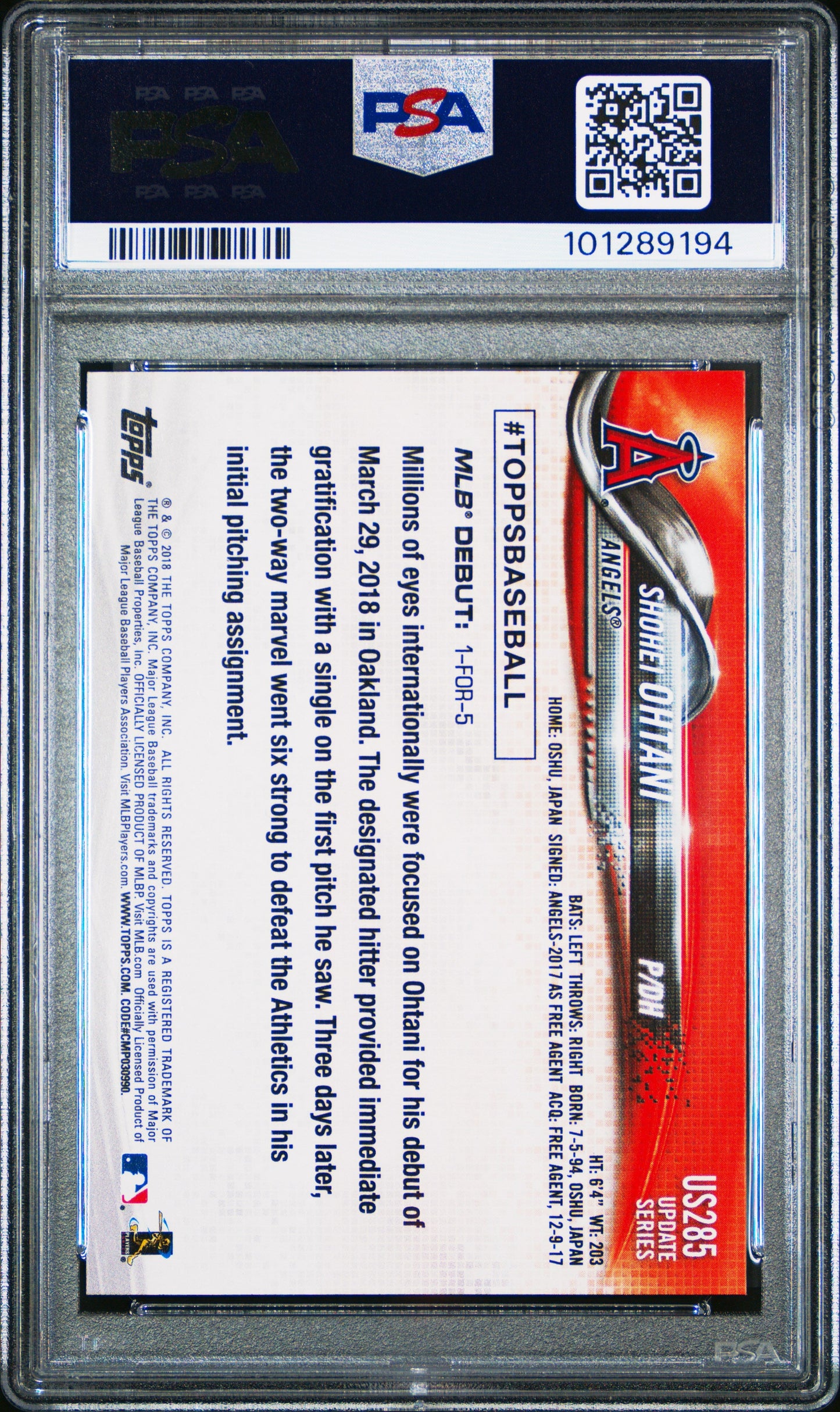 Graded 2018 Topps Update Shohei Ohtani #US285 Rookie RC Baseball Card PSA 10 Gem Mint
