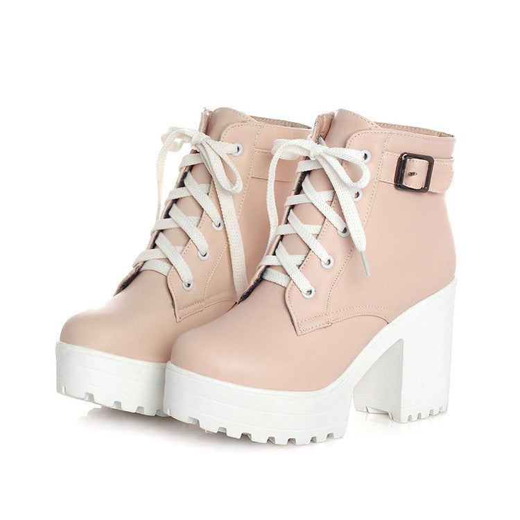 Women's Sponge Cake Chunky Heel Lace-Up Martin Boots