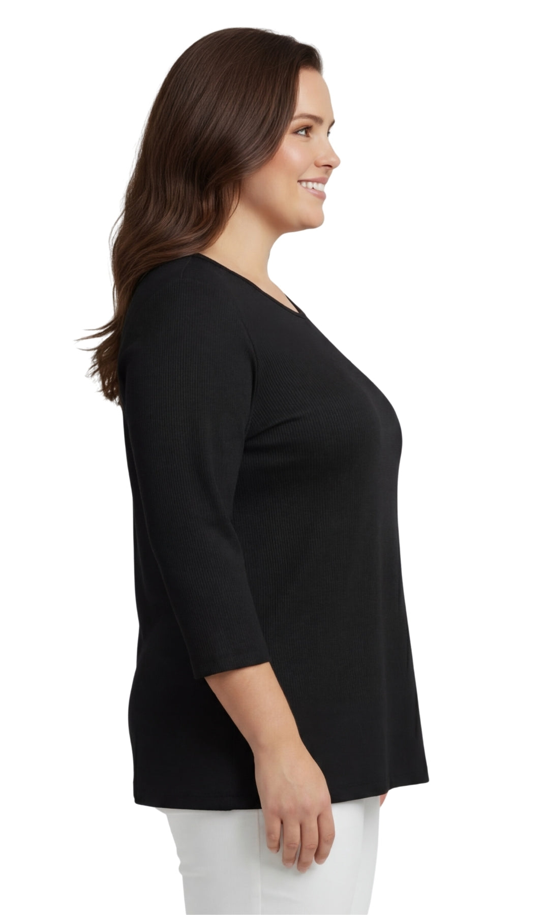 Top de algodón acanalado para mujer con cuello redondo y manga francesa