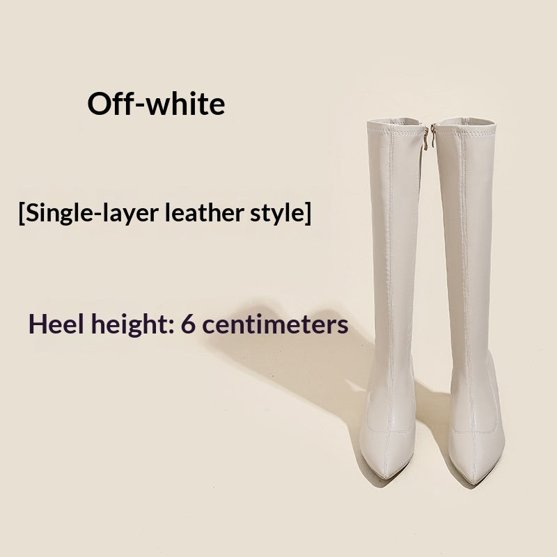 Beige Genuine Leather Pointed Toe Stiletto Ankle Boots - Women's Slim Fit High Heel Side Zipper Autumn Winter Footwear