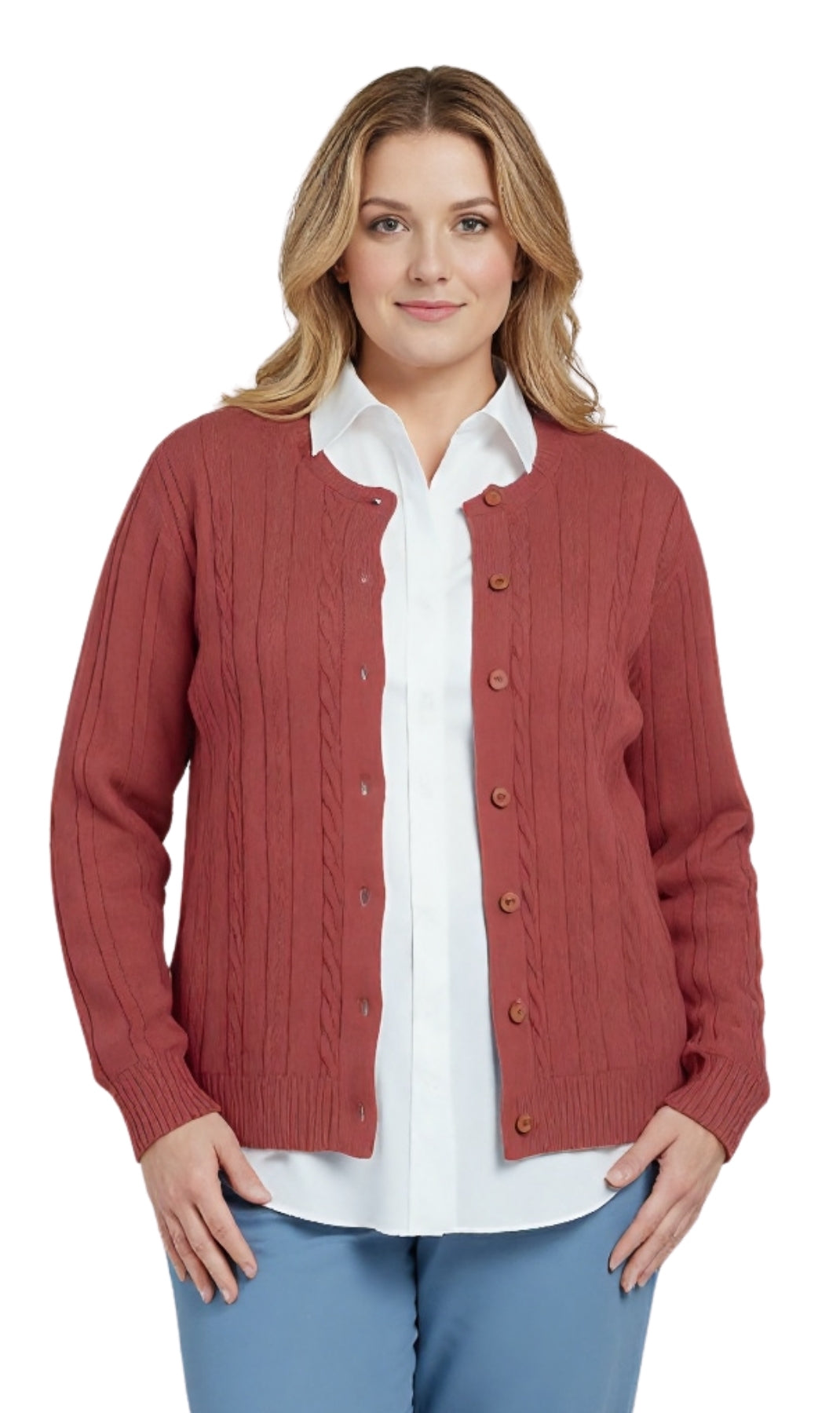Cárdigan clásico de punto trenzado con botones para mujer de acrílico suave