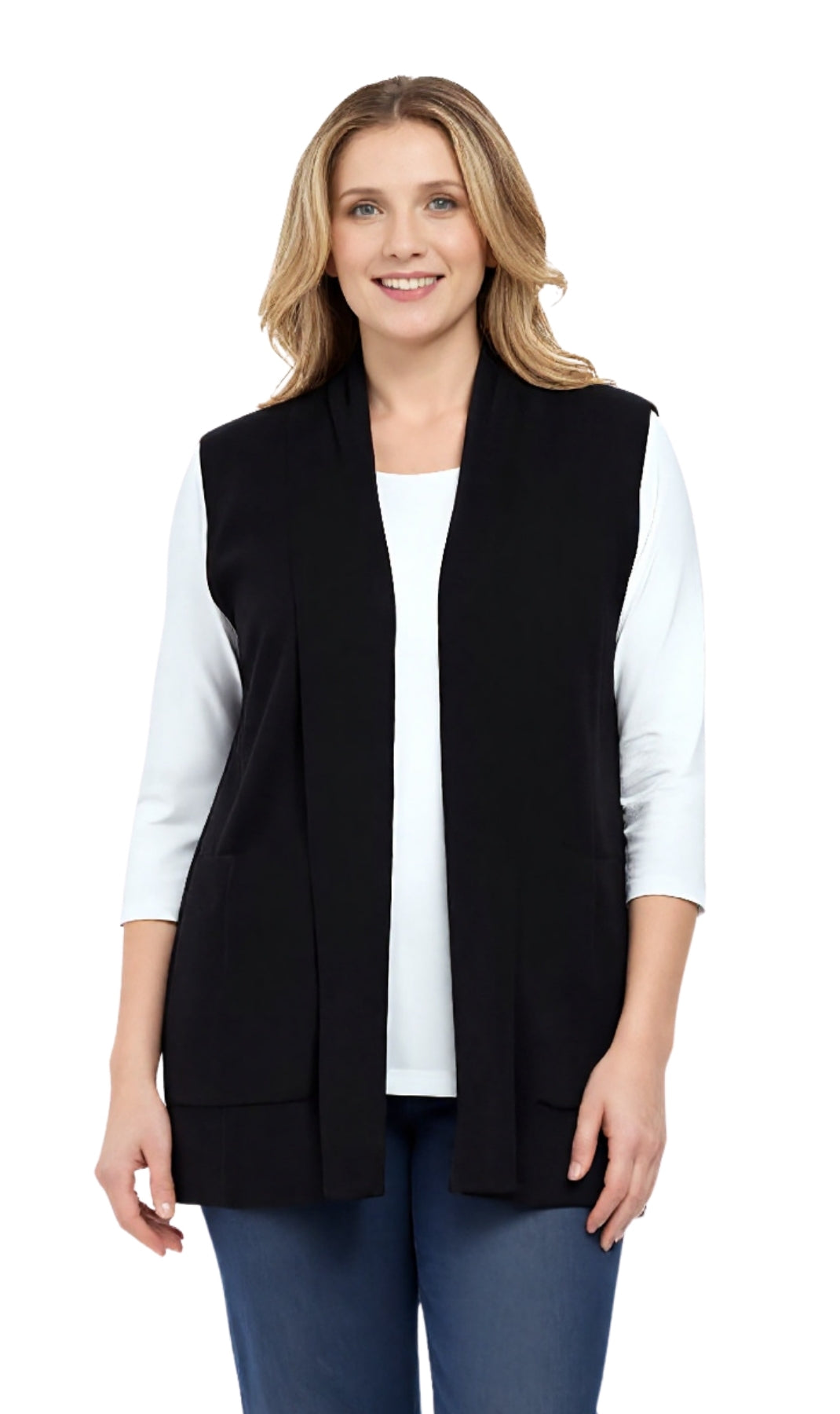 Chaleco largo sin mangas con cuello chal y frente abierto para mujer