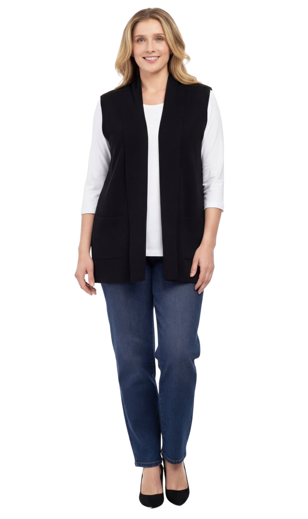 Chaleco largo sin mangas con cuello chal y frente abierto para mujer