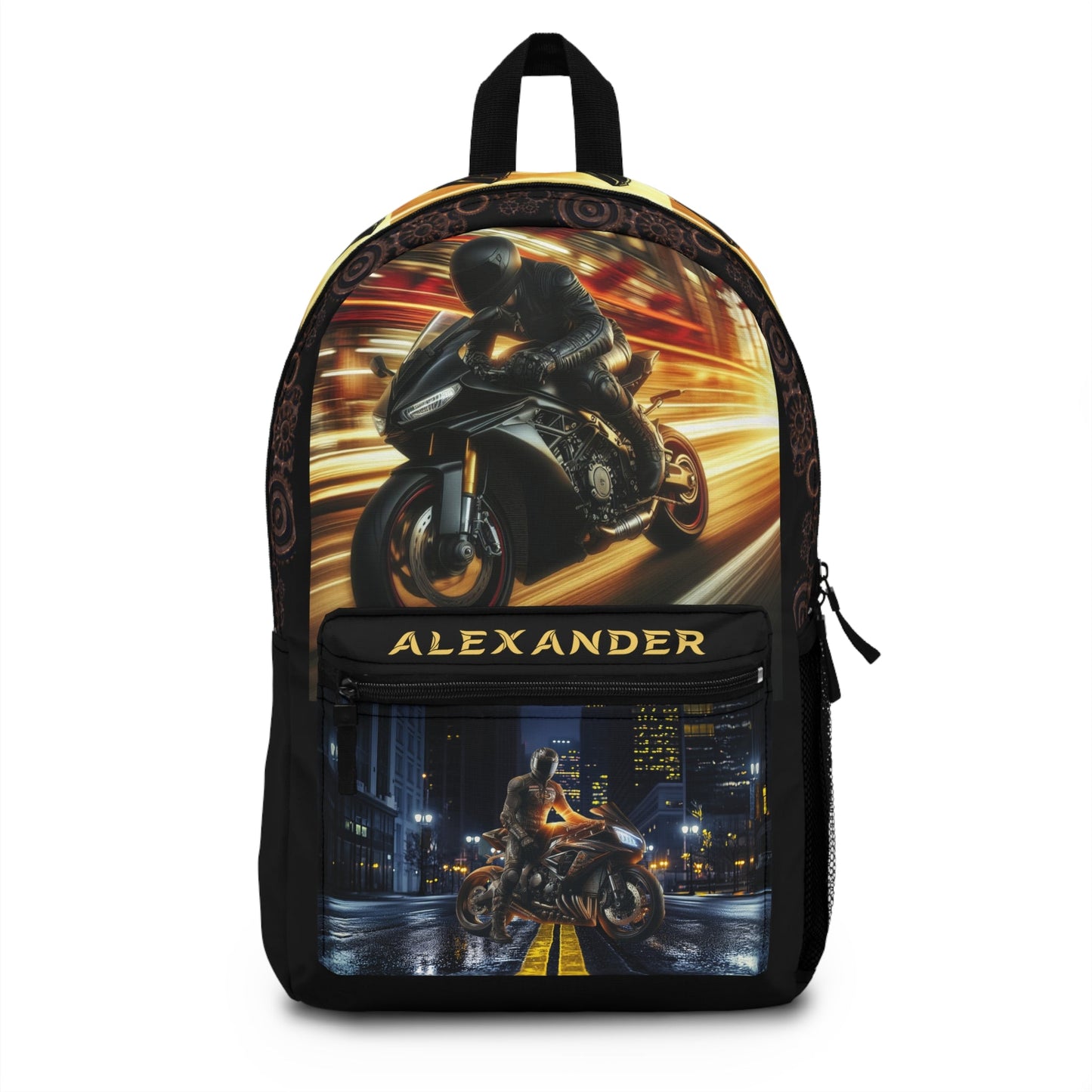 Speeding Motorcycle Rider Backpack | Custom Name Travel Bag