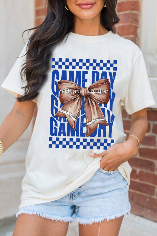 Camiseta gráfica blanca con nudo de lazo de rugby para el día del partido