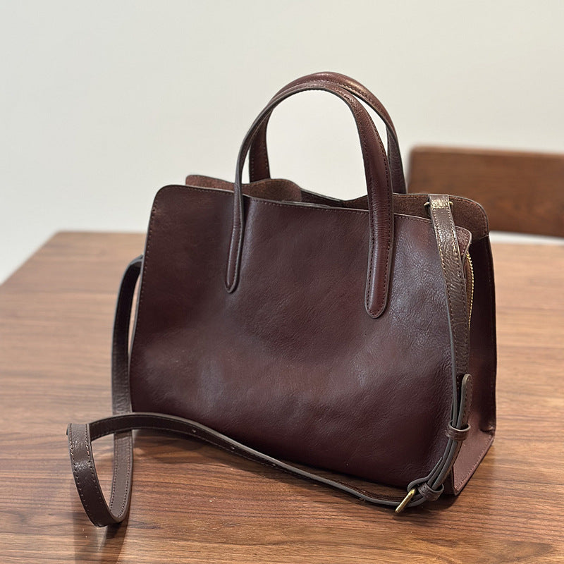 Womens Casual All-Match Tote Bag Made From Full-Grain Cowhide Leather