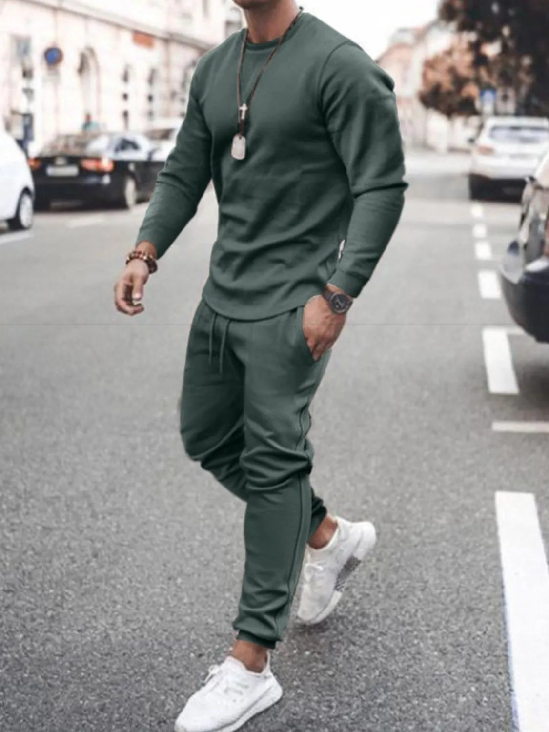 Conjunto de camiseta de manga larga con cuello redondo y pantalón para hombre, talla grande