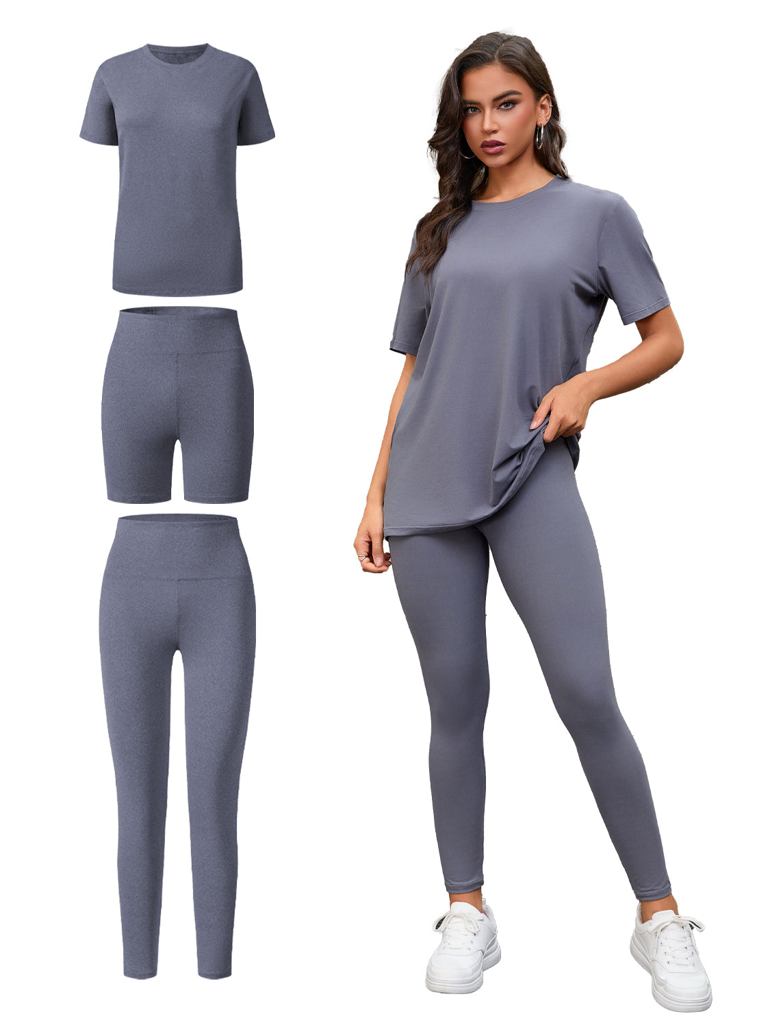 Conjunto de Tres Piezas, Top de Manga Corta de Cuello Redondo y Conjunto de Pantalones Cortos y Largos, Ropa Deportiva e Informal. Consulte la tabla de tallas en "más detalles"