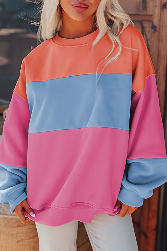 Sudadera con hombros caídos, diseño de patchwork color block en rosa brillante