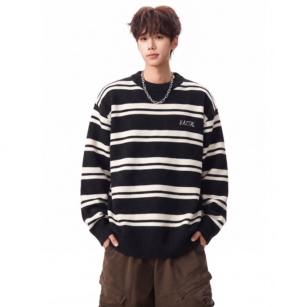 Men's FallWinter Color-Block Crew-Neck Striped Sweater