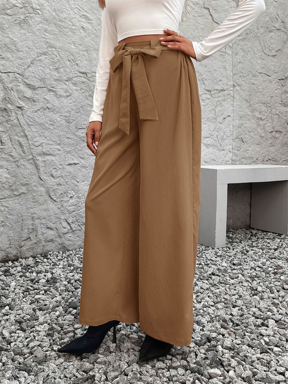 Pantalón de pierna ancha de cintura alta anudado Perfee