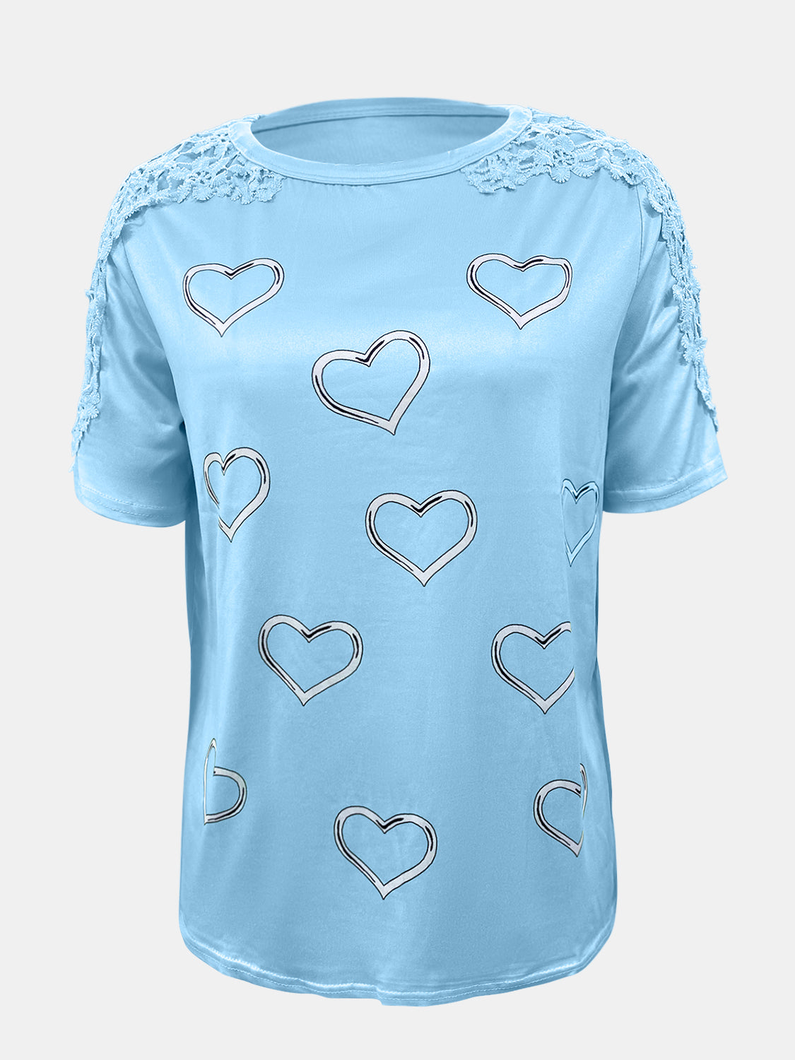 Camiseta de manga corta con cuello redondo, detalle de encaje y corazón, talla grande