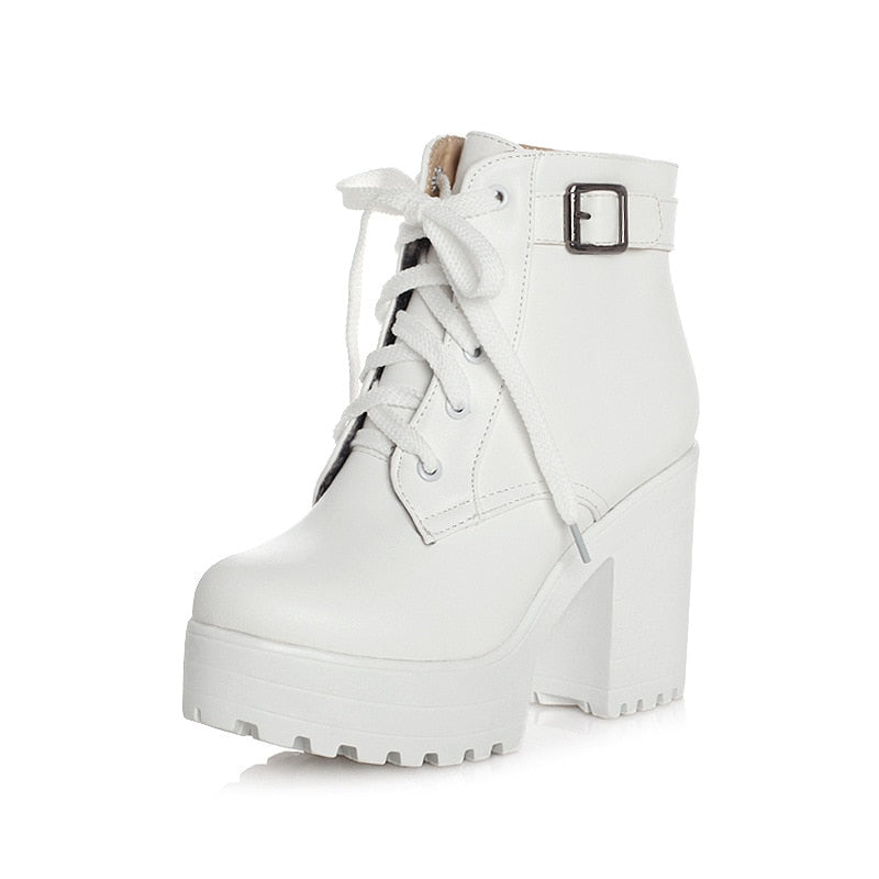 Women's Sponge Cake Chunky Heel Lace-Up Martin Boots