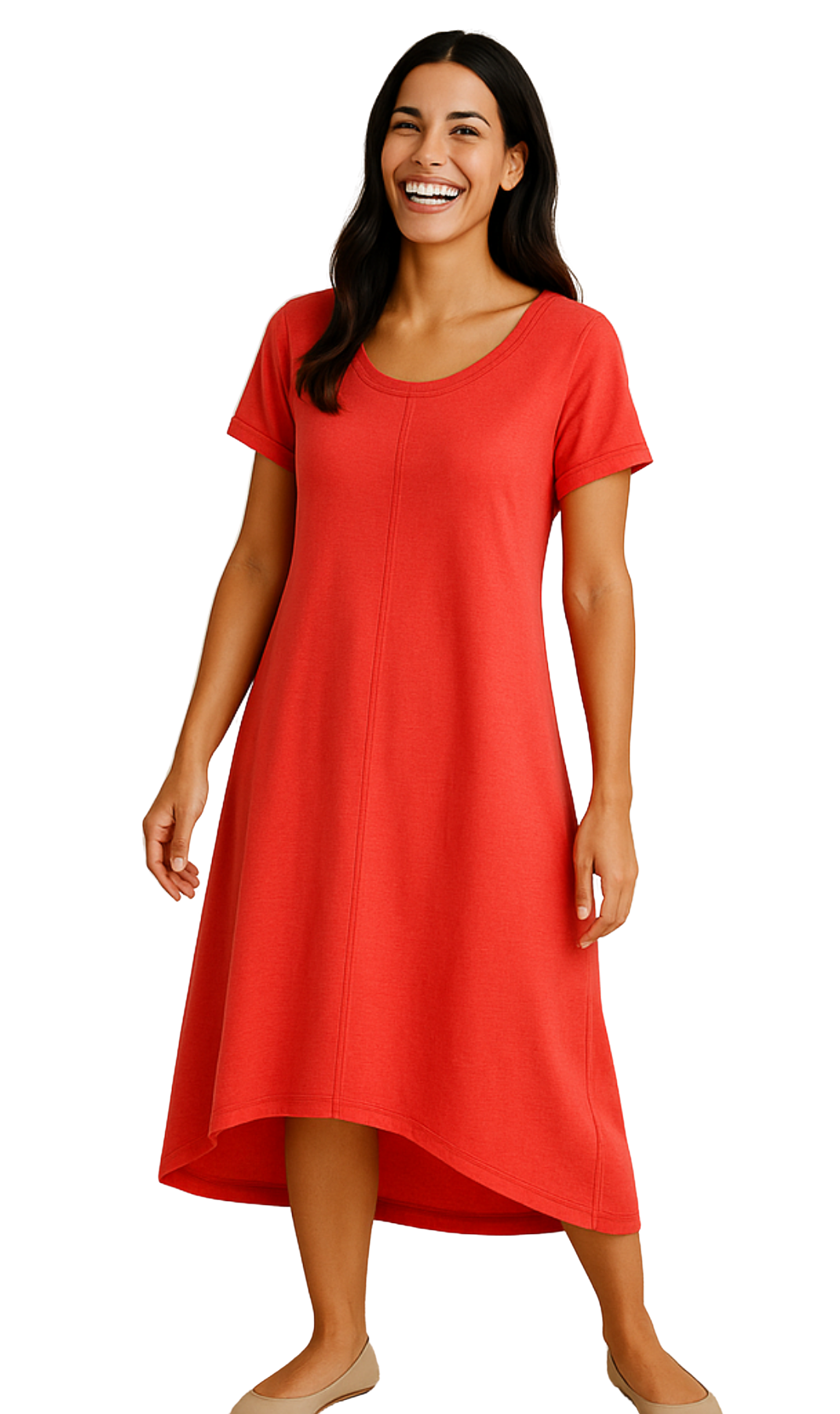 Vestido de punto de manga corta con escote ancho y dobladillo asimétrico en línea A para mujer
