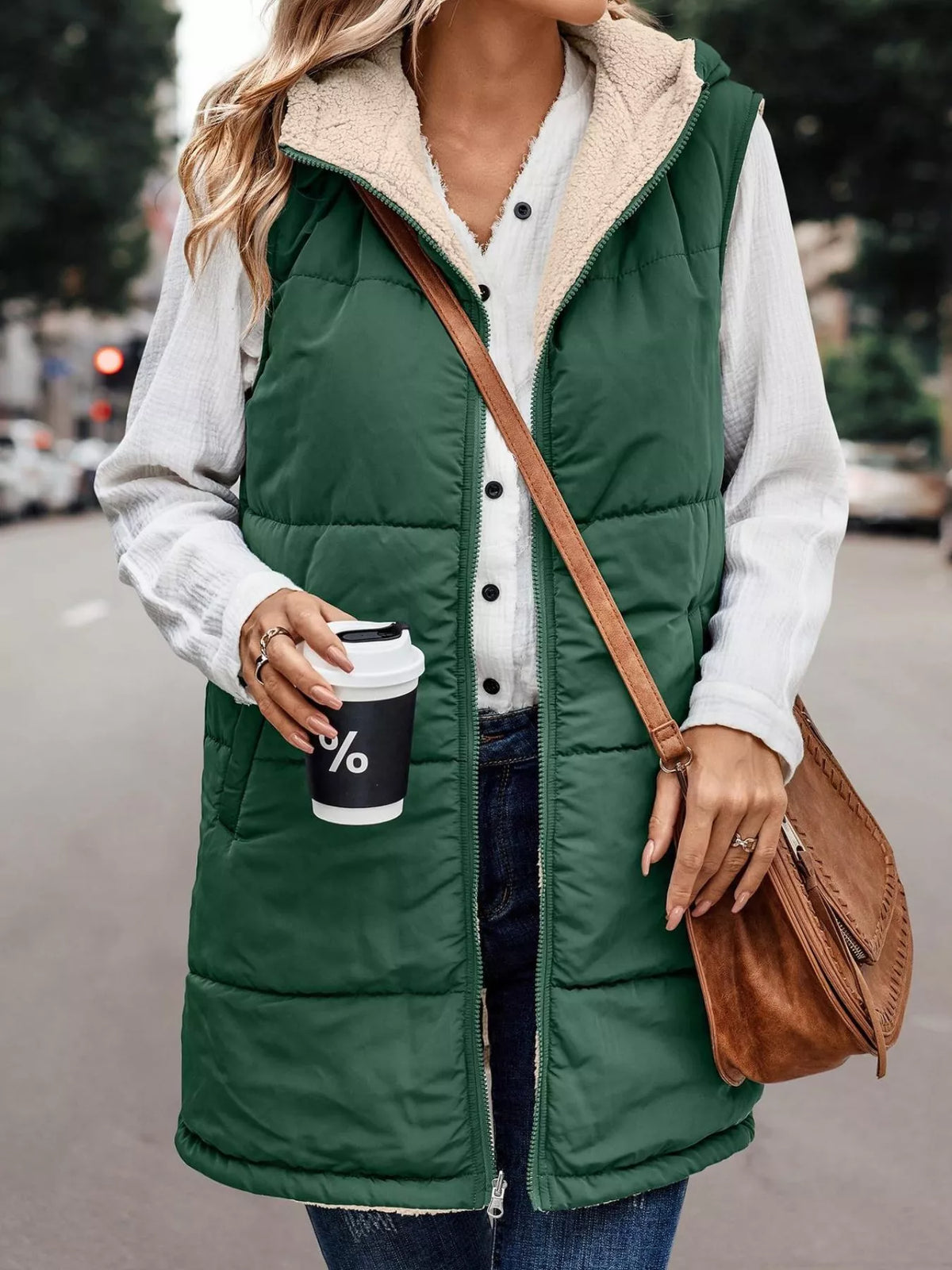Full Size Hooded Sherpa-Lined Puffer Vest Coat Plus Size