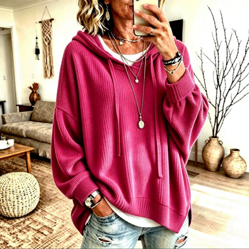 Women Ribbed Knit Drawstring Hoodie, Long Sleeve Drop Shoulder Slit Hem Loose Casual Sweatshirt