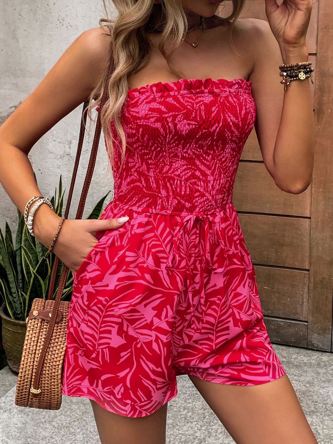 Pelele sin tirantes fruncido con estampado y bolsillos Perfee