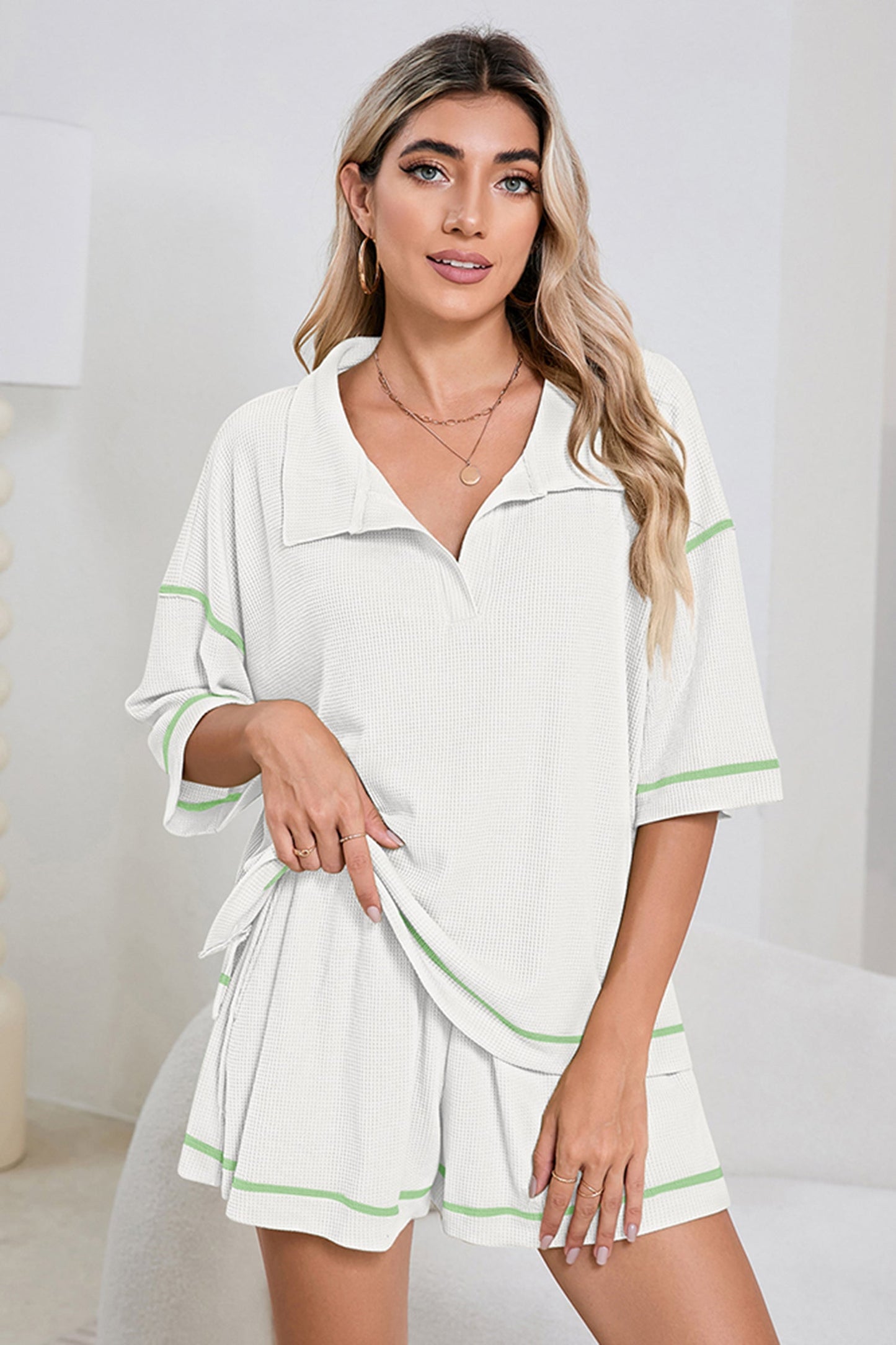 Conjunto casual de 2 piezas de shorts con ribete en bloques de color de gofre transpirable rosa
