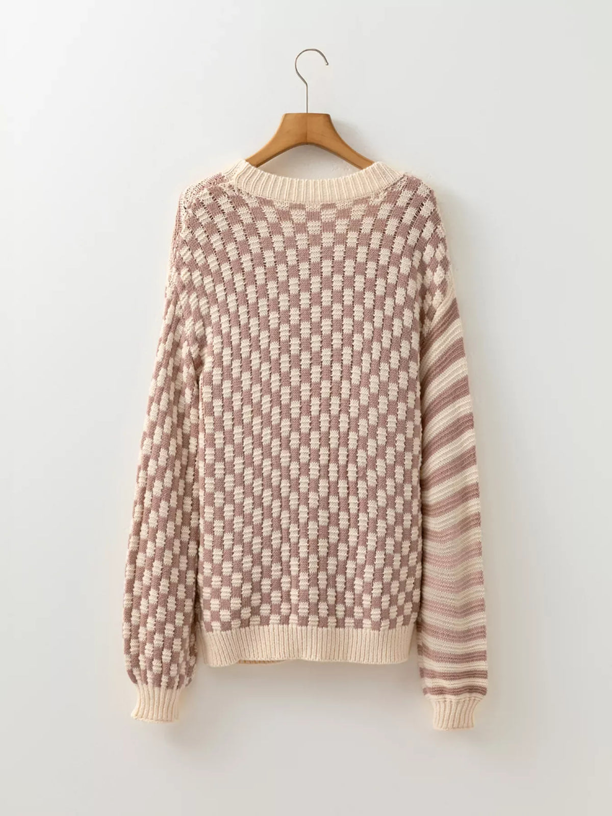 Checkerboard & Striped Pattern Knit Sweater